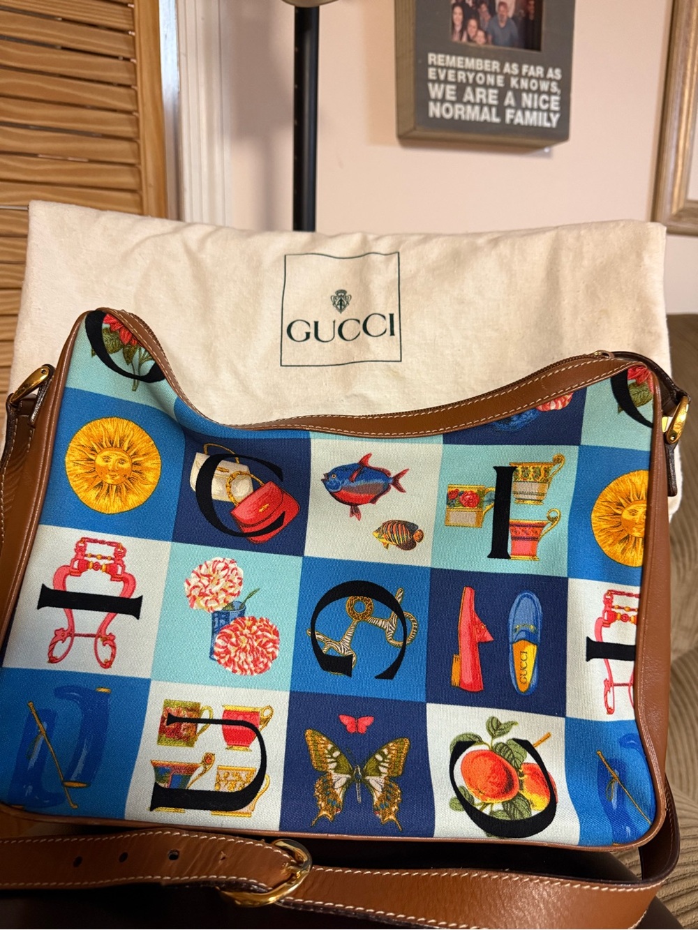 Gucci Blue Multi Silk-Print Shoulder Bag with Brown Leather Trim